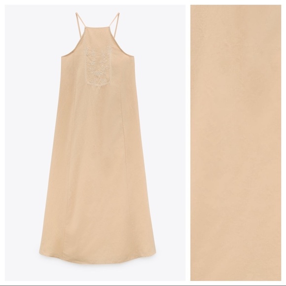 NWT. Zara Beige-Pink/Peach Linen Blend Embroidered Midi Dress. Size M. - Picture 7 of 12